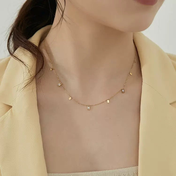 14k Gold Teardrop Triangle Tassel Zircon Necklace
