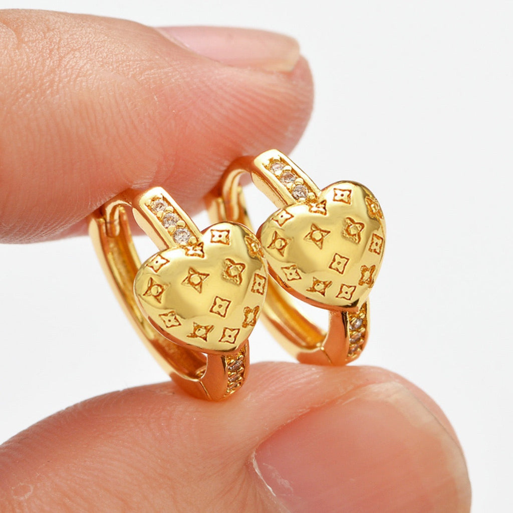 14k Gold Zircon Monogram Heart Hoop Earrings
