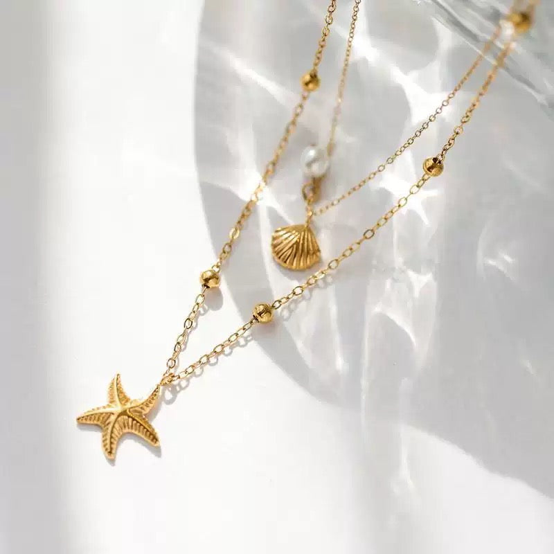 14k Gold Island Style Starfish Shell Layering Collarbone Chain