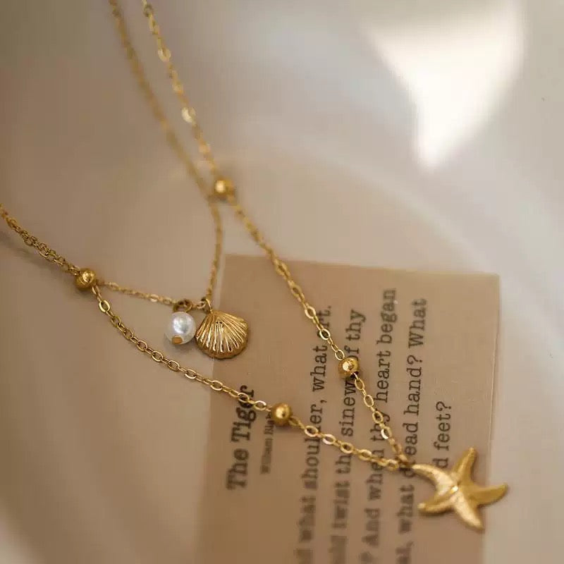 14k Gold Island Style Starfish Shell Layering Collarbone Chain