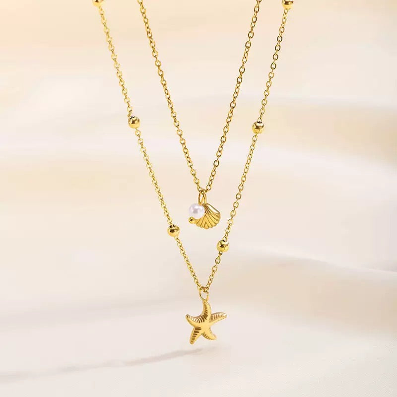14k Gold Island Style Starfish Shell Layering Collarbone Chain