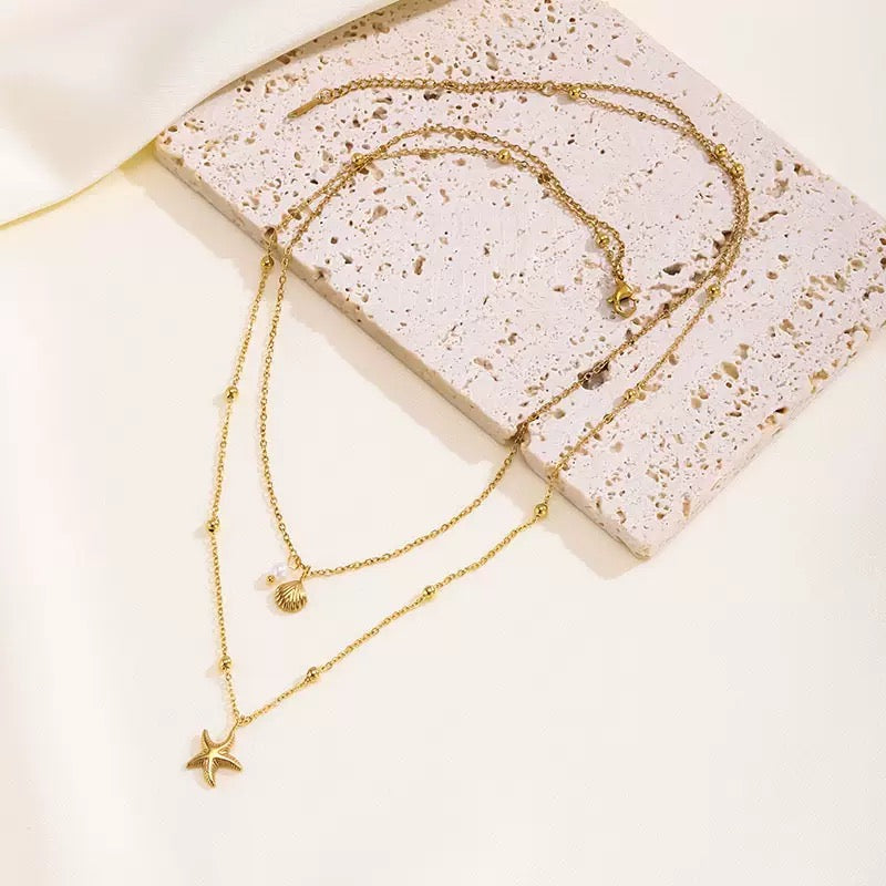 14k Gold Island Style Starfish Shell Layering Collarbone Chain
