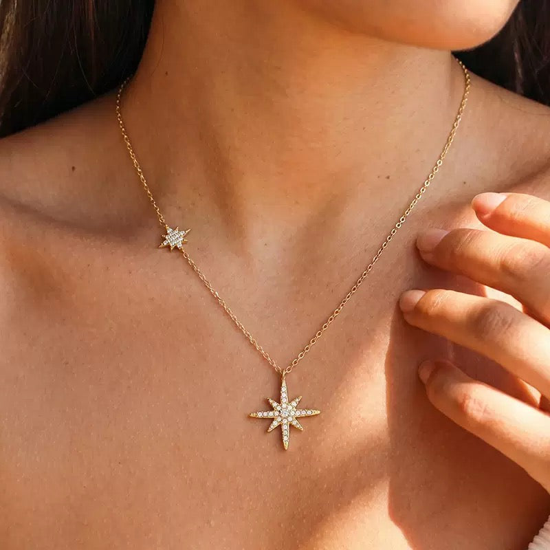 14k Gold Eight-Point Star Full Diamond Layering Necklace
