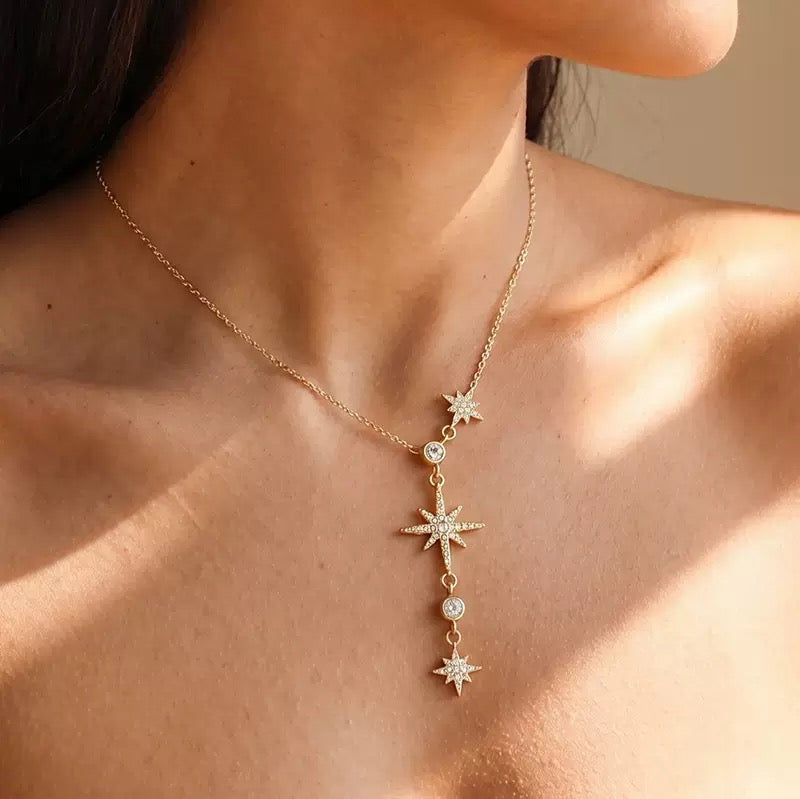 14k Gold Eight-Point Star Full Diamond Layering Necklace