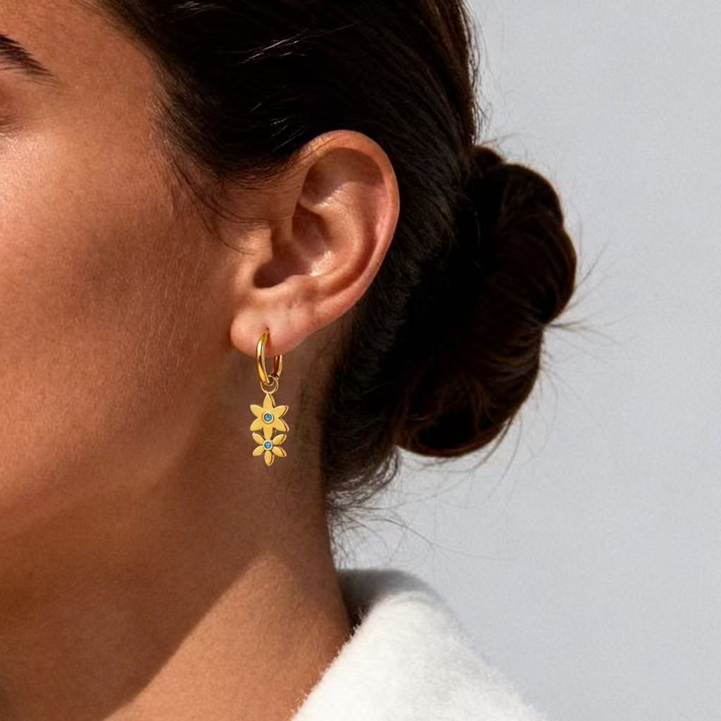 14k Gold Flower Drop Earrings