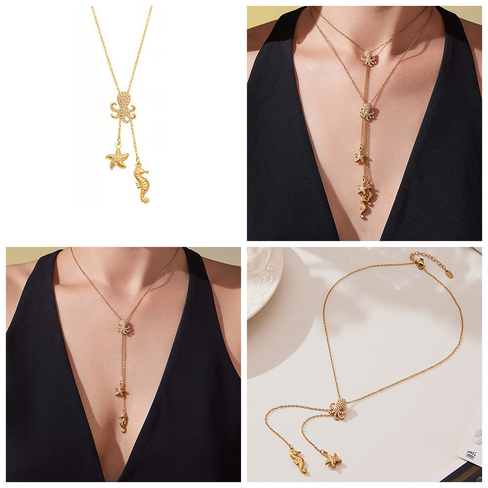 14k Gold Sugar Cube Sparkle Three Treasures of Sea Tassel Pendant
