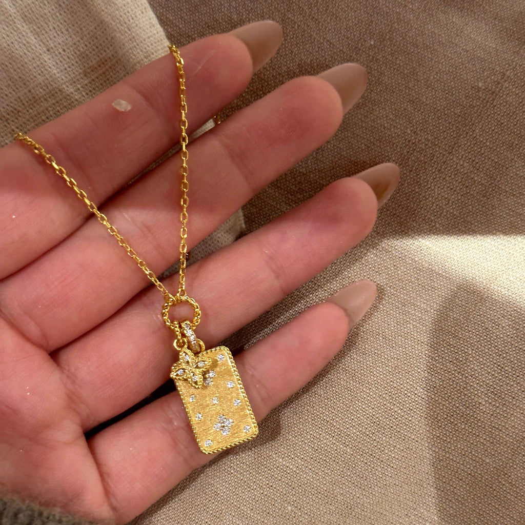 14K Gold Sparkling Diamond Four-Leaf Flower "Peace & Safety" Pendant Necklace