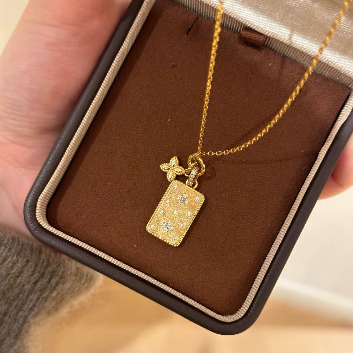 14K Gold Sparkling Diamond Four-Leaf Flower "Peace & Safety" Pendant Necklace