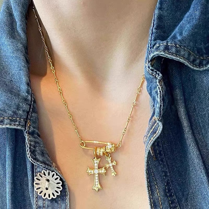 14K Gold Pin-Style Cross Pendant Necklace with Moissanite