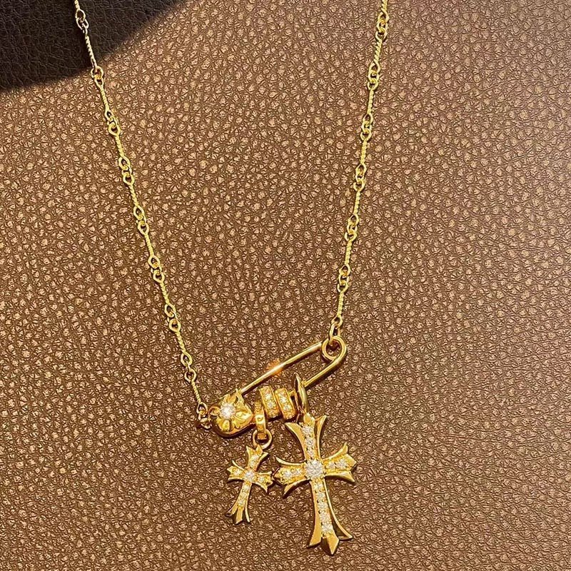 14K Gold Pin-Style Cross Pendant Necklace with Moissanite