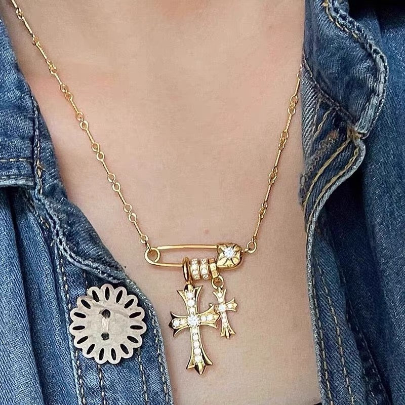 14K Gold Pin-Style Cross Pendant Necklace with Moissanite