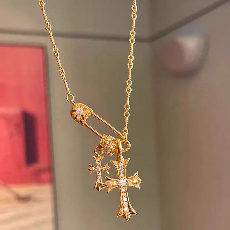 14K Gold Pin-Style Cross Pendant Necklace with Moissanite
