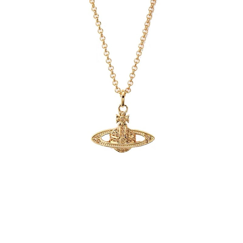 14K Gold Saturn Pendant Necklace with Diamond Accents