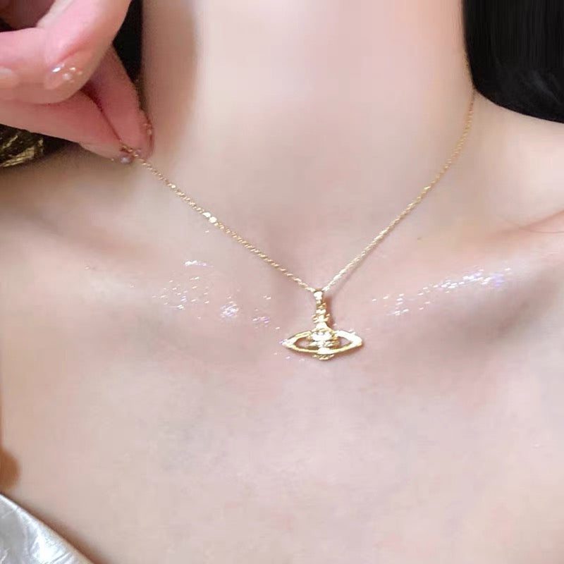 14K Gold Saturn Pendant Necklace with Diamond Accents