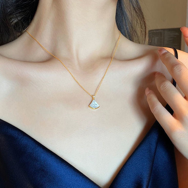 14K Gold "Little Skirt" Pendant Necklace with White Mother-of-Pearl (Collarbone Chain)