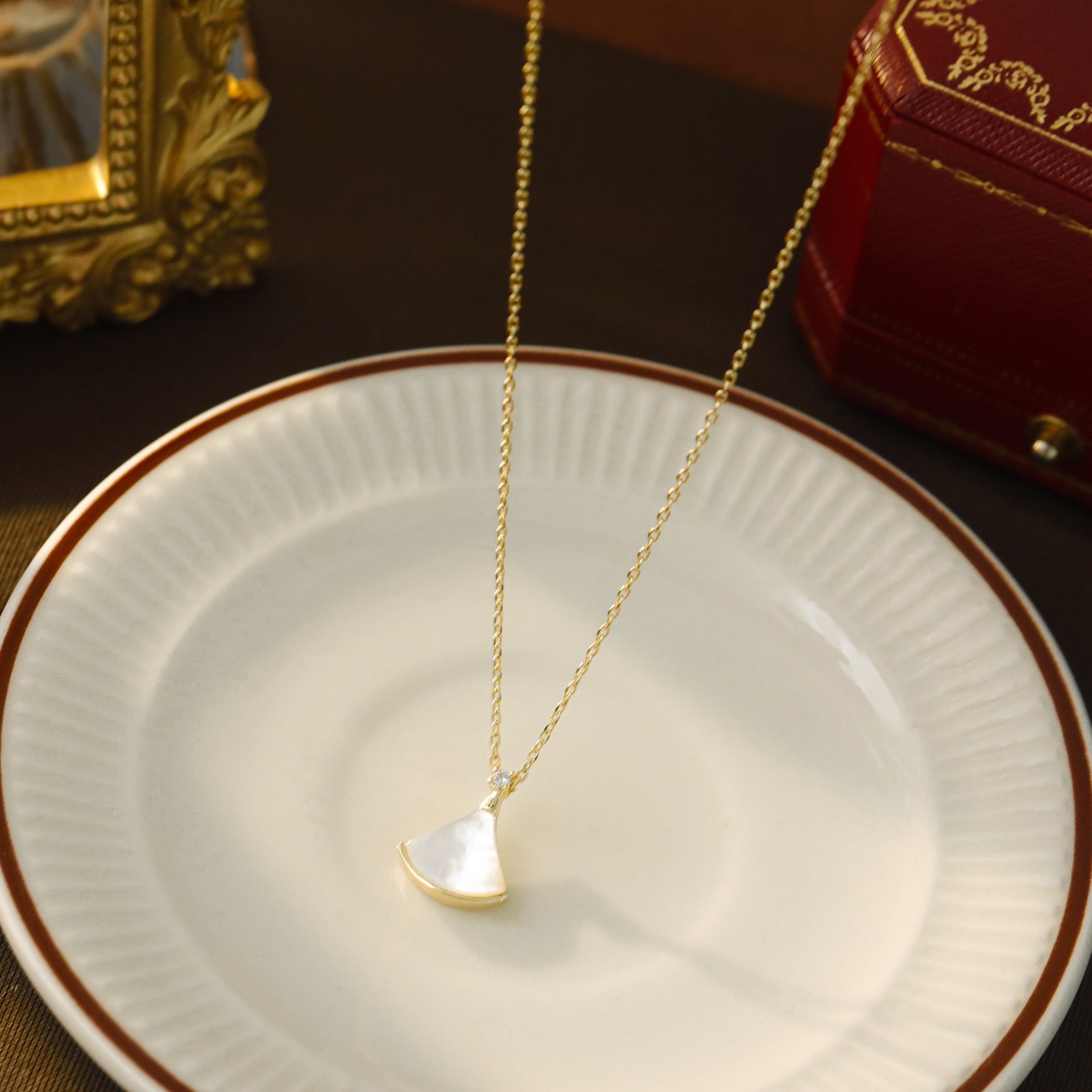 14K Gold "Little Skirt" Pendant Necklace with White Mother-of-Pearl (Collarbone Chain)