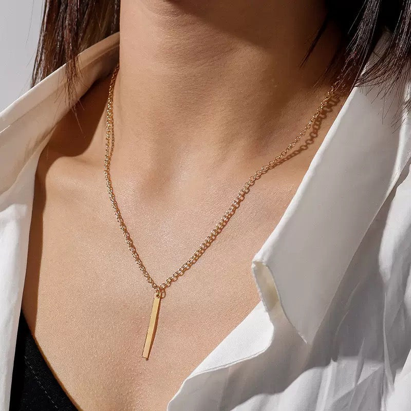 14K Gold Long Bar Pendant Necklace