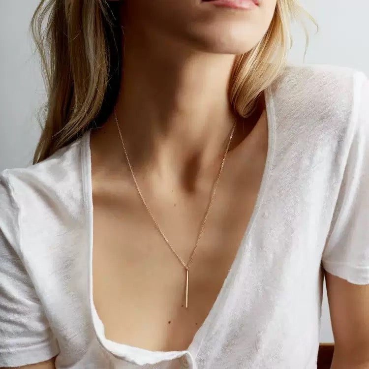 14K Gold Long Bar Pendant Necklace
