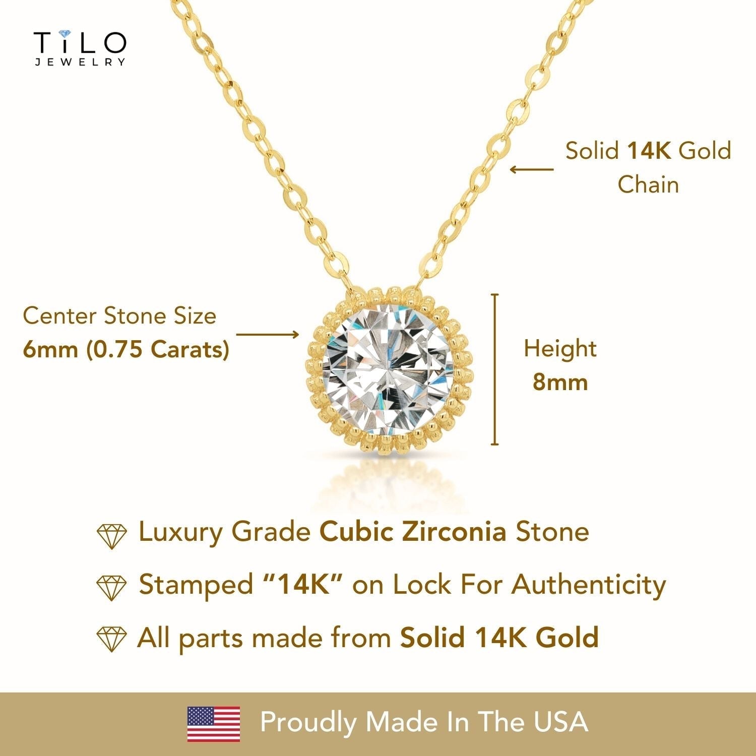 14k Gold Classic Solitaire Necklace. With Adjustable 14K Gold Cable Chain 16-18