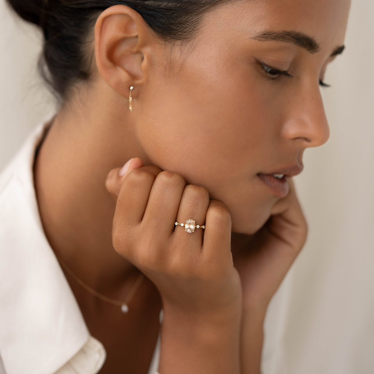 Oval Morganite and Diamond Ring 14k Gold - Demetria