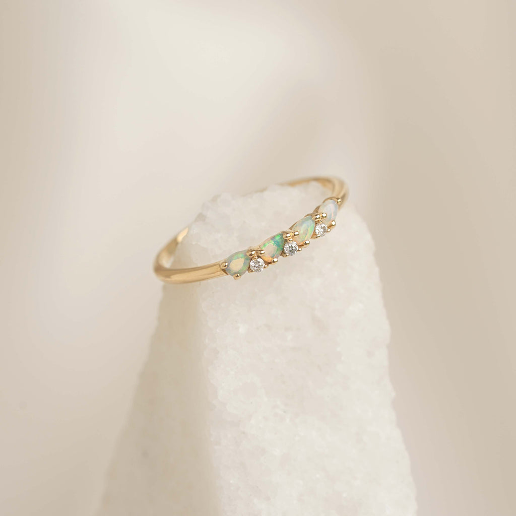 October Birthstone Pear Ring 14k Gold - Opal and Diamond