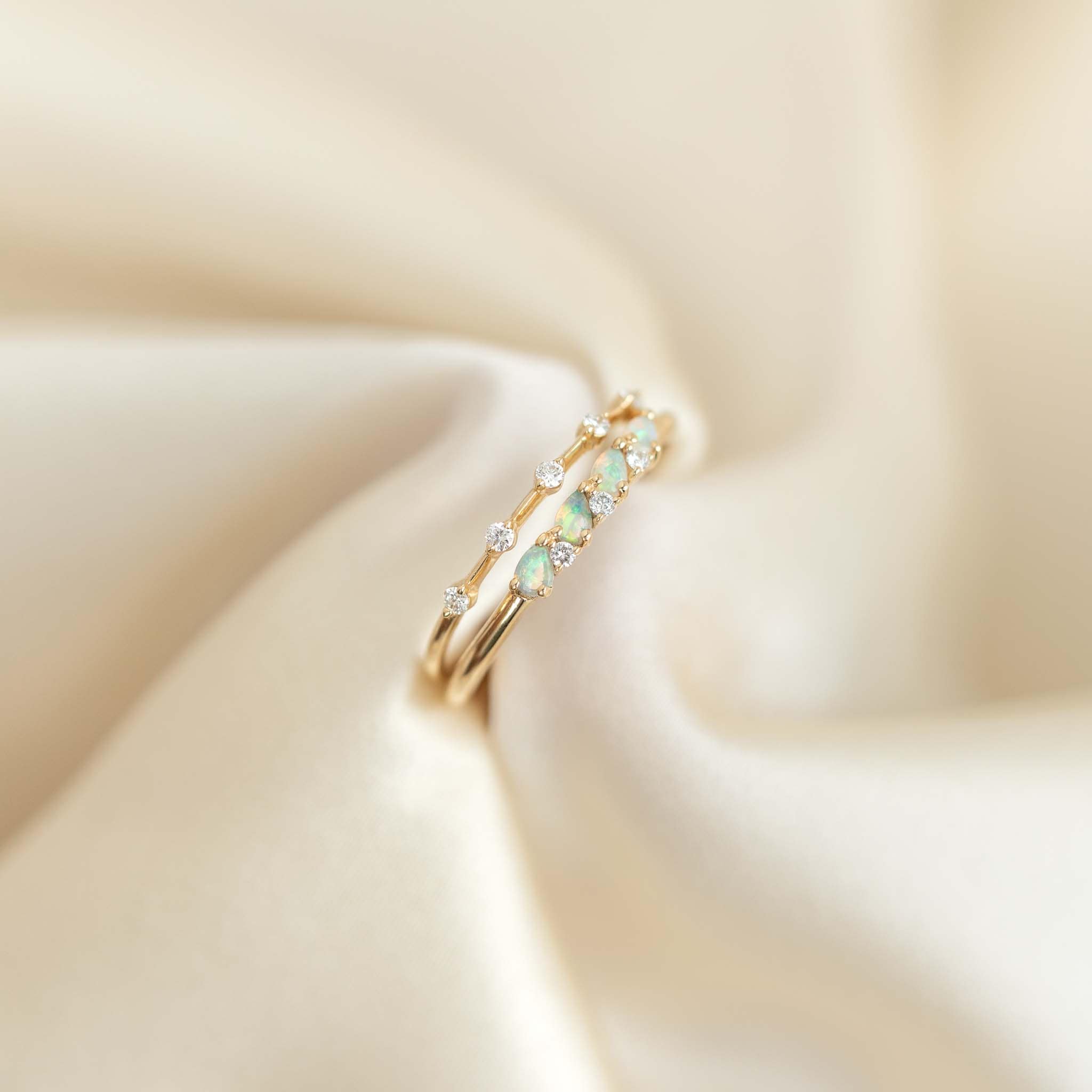 October Birthstone Pear Ring 14k Gold - Opal and Diamond