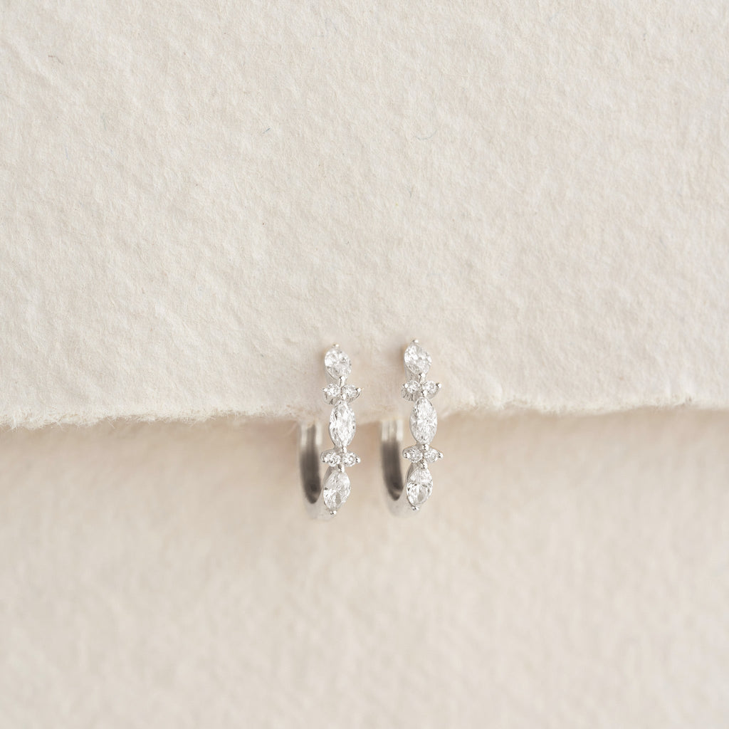 Marquise and Round Diamond Huggie Earrings White Gold - Zoya