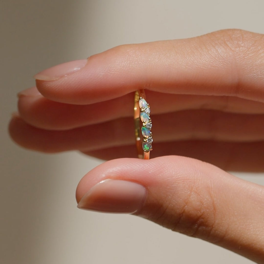 October Birthstone Pear Ring 14k Gold - Opal and Diamond
