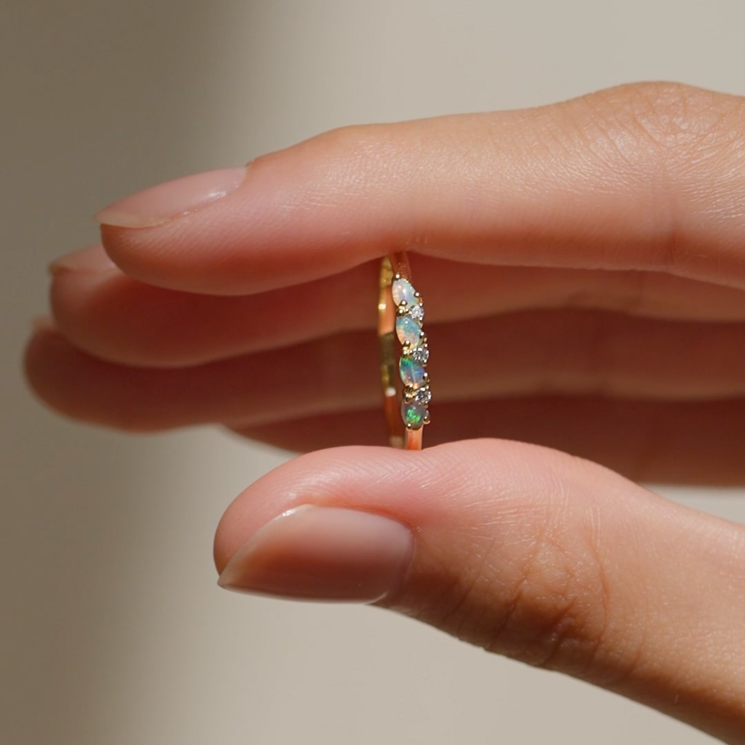 October Birthstone Pear Ring 14k Gold - Opal and Diamond