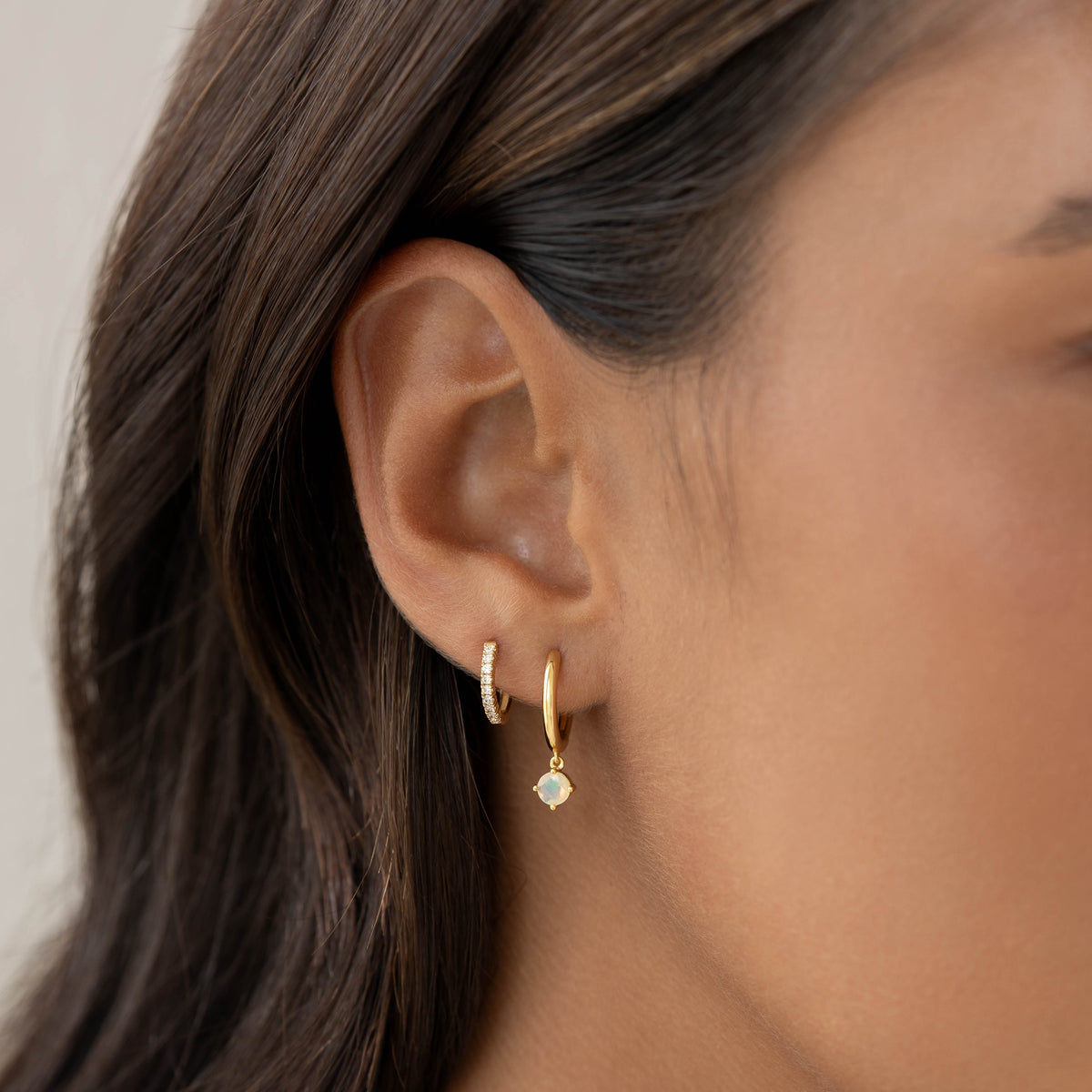 October Birthstone Drop Huggie Earrings - Opal