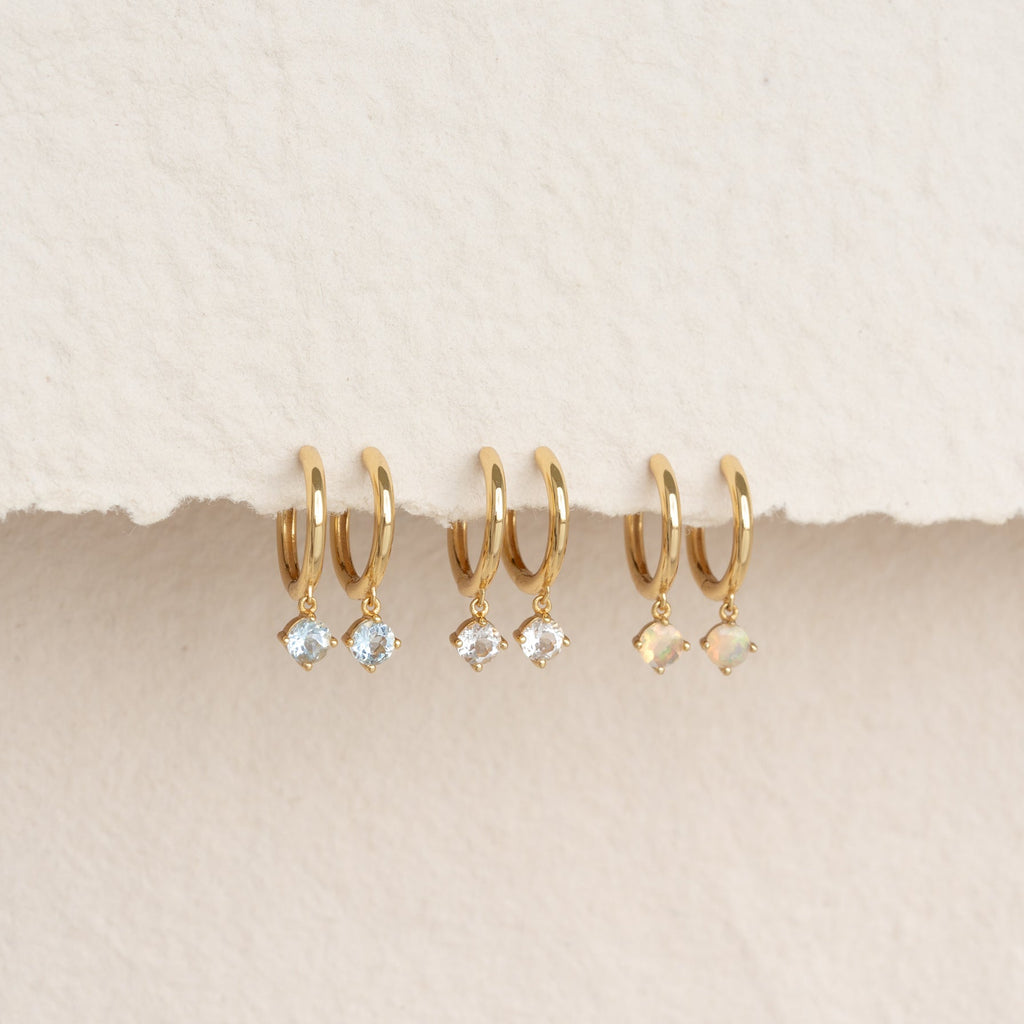 October Birthstone Drop Huggie Earrings - Opal
